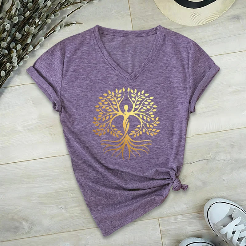 Olivenorma Goldfolien-T-Shirt mit menschlicher Silhouette und spirituellem Lebensbaum-Motiv, V-Ausschnitt, für Damen