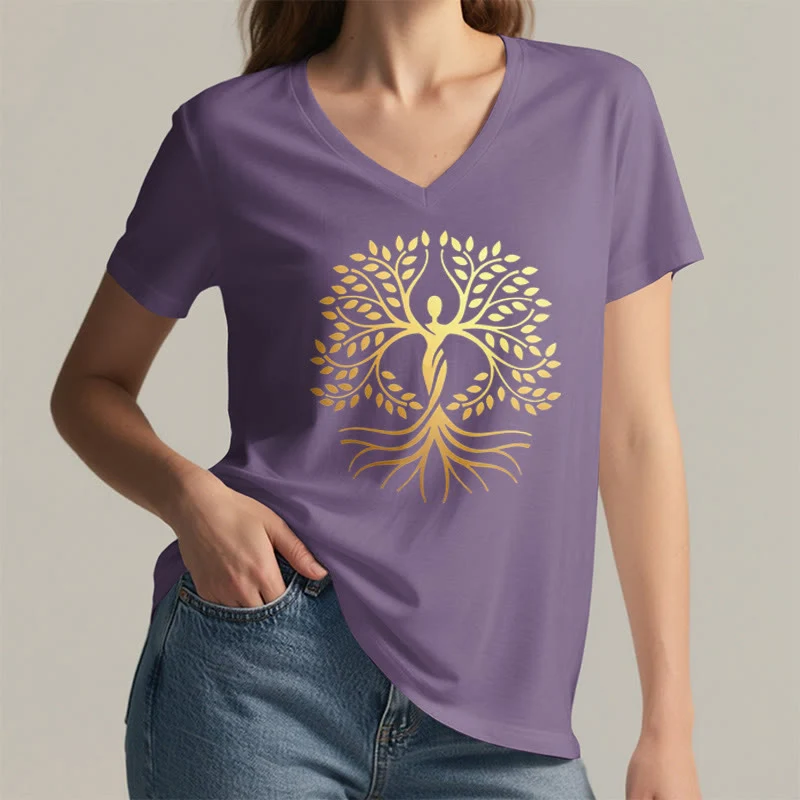 Olivenorma Goldfolien-T-Shirt mit menschlicher Silhouette und spirituellem Lebensbaum-Motiv, V-Ausschnitt, für Damen