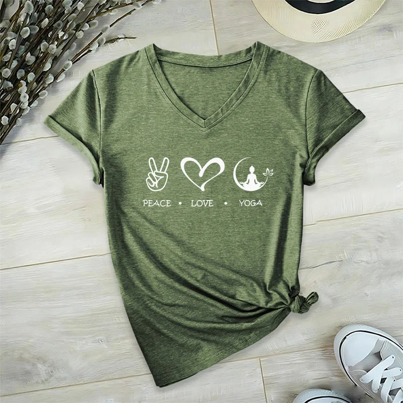 Olivenorma Boho Peace Love Yoga Peace Sign Heart Meditation Graphic Damen V-Ausschnitt T-Shirt