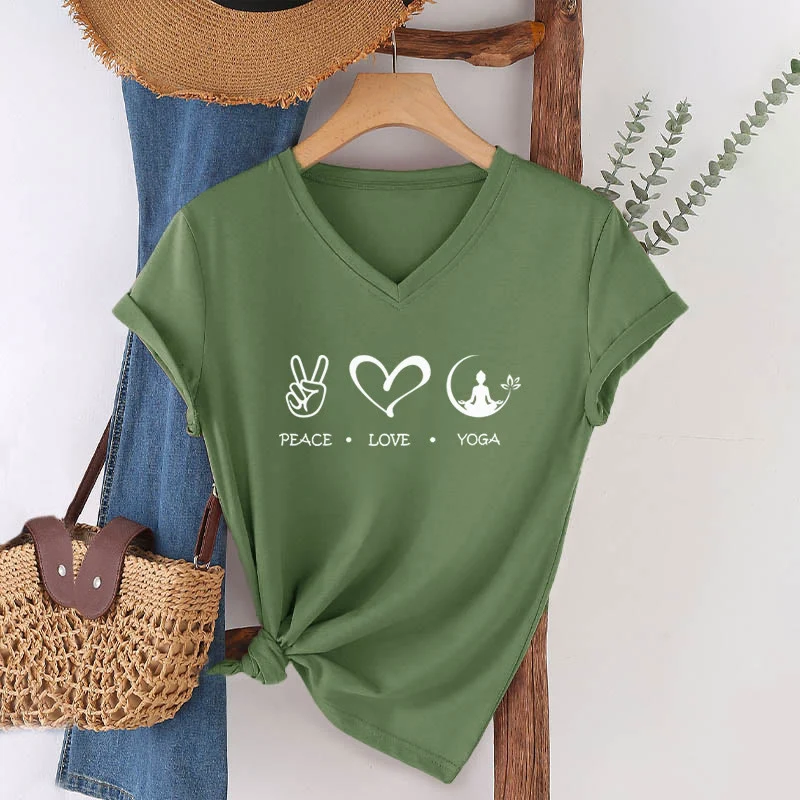 Olivenorma Boho Peace Love Yoga Peace Sign Heart Meditation Graphic Damen V-Ausschnitt T-Shirt