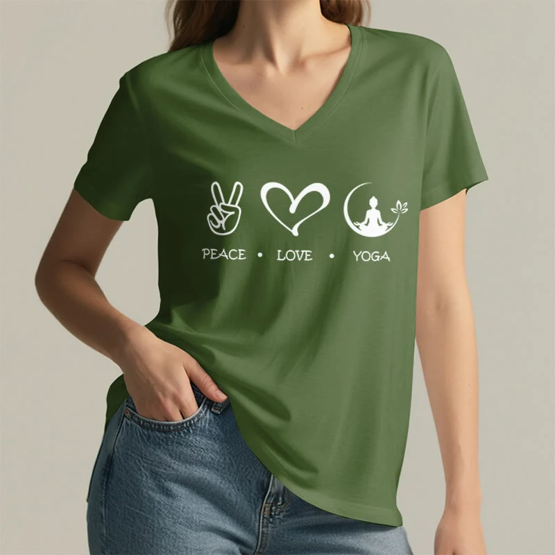 Olivenorma Boho Peace Love Yoga Peace Sign Heart Meditation Graphic Damen V-Ausschnitt T-Shirt