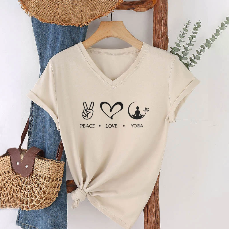 Olivenorma Boho Peace Love Yoga Peace Sign Heart Meditation Graphic Damen V-Ausschnitt T-Shirt