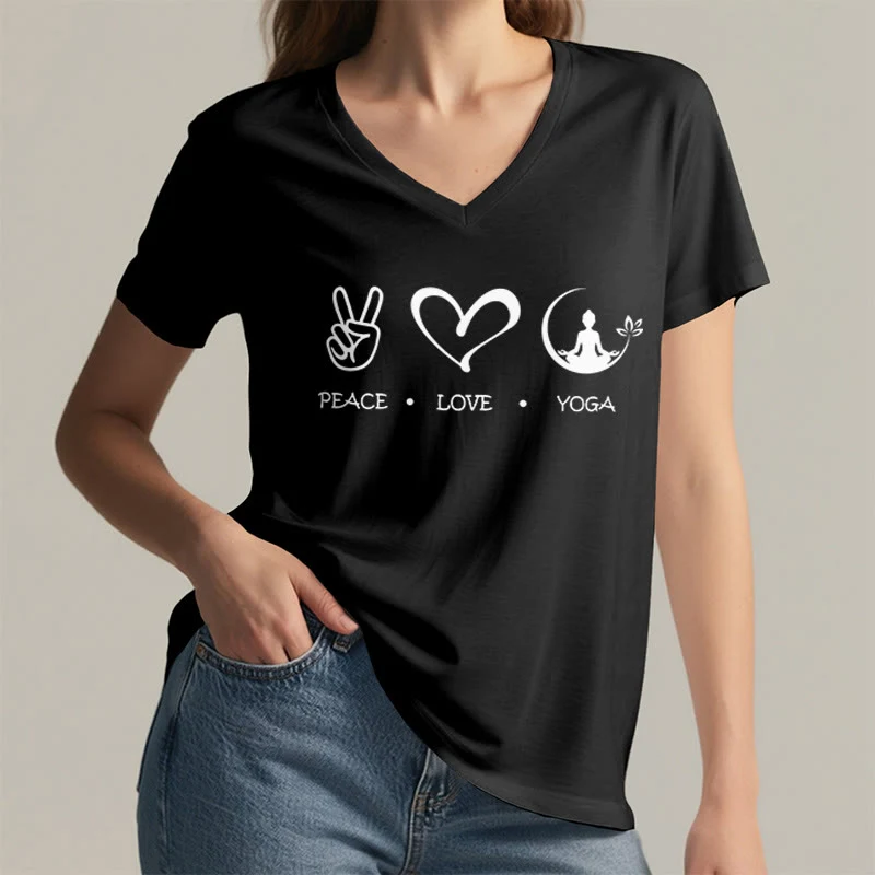Olivenorma Boho Peace Love Yoga Peace Sign Heart Meditation Graphic Damen V-Ausschnitt T-Shirt