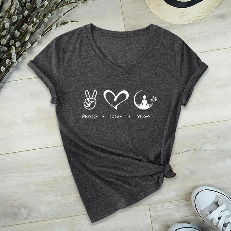 Olivenorma Boho Peace Love Yoga Peace Sign Heart Meditation Graphic Damen V-Ausschnitt T-Shirt