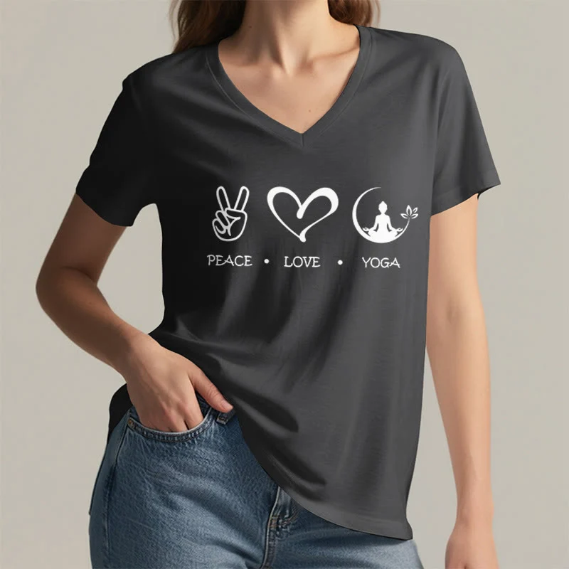 Olivenorma Boho Peace Love Yoga Peace Sign Heart Meditation Graphic Damen V-Ausschnitt T-Shirt