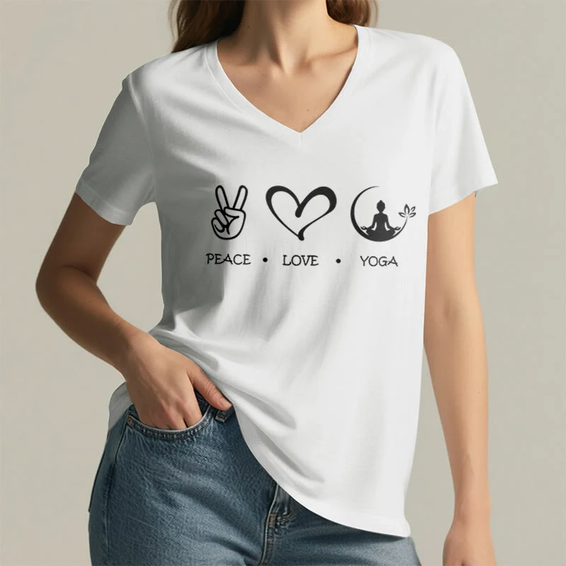 Olivenorma Boho Peace Love Yoga Peace Sign Heart Meditation Graphic Damen V-Ausschnitt T-Shirt