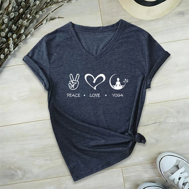 Olivenorma Boho Peace Love Yoga Peace Sign Heart Meditation Graphic Damen V-Ausschnitt T-Shirt