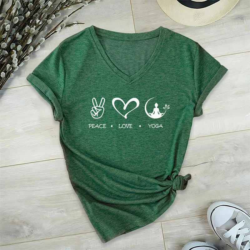 Olivenorma Boho Peace Love Yoga Peace Sign Heart Meditation Graphic Damen V-Ausschnitt T-Shirt