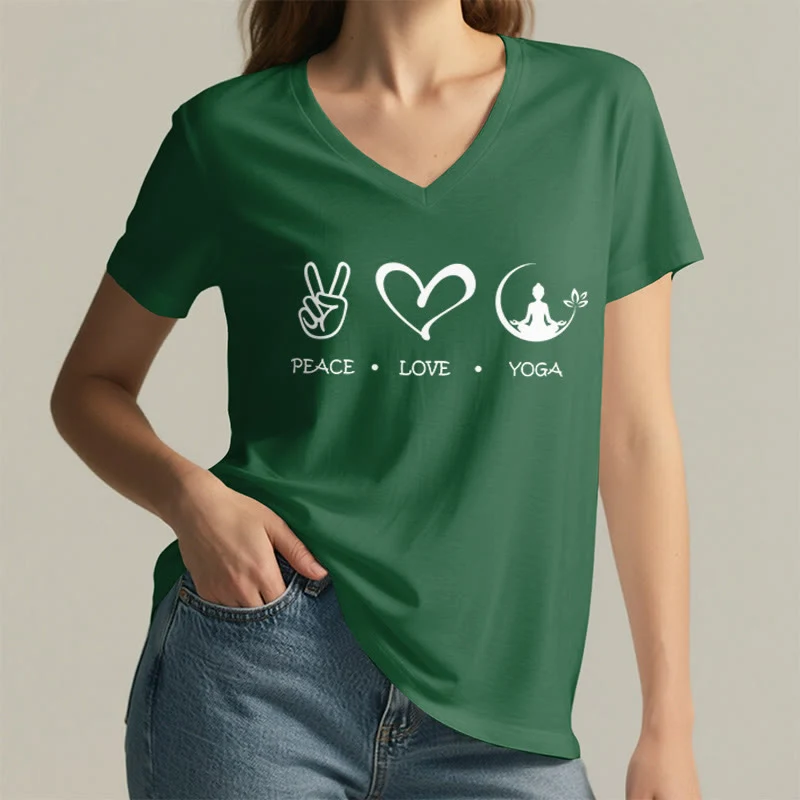 Olivenorma Boho Peace Love Yoga Peace Sign Heart Meditation Graphic Damen V-Ausschnitt T-Shirt