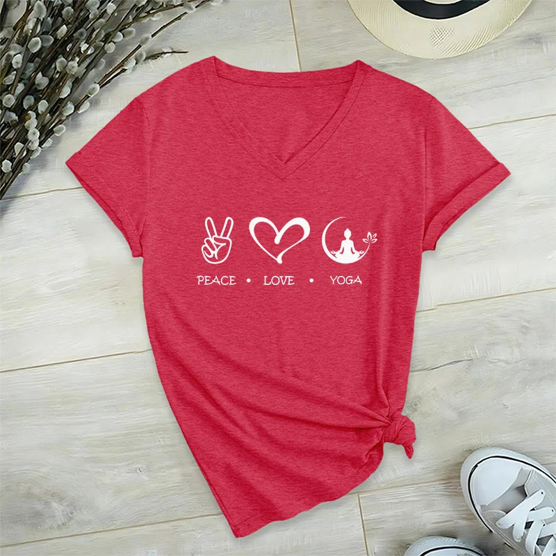 Olivenorma Boho Peace Love Yoga Peace Sign Heart Meditation Graphic Damen V-Ausschnitt T-Shirt