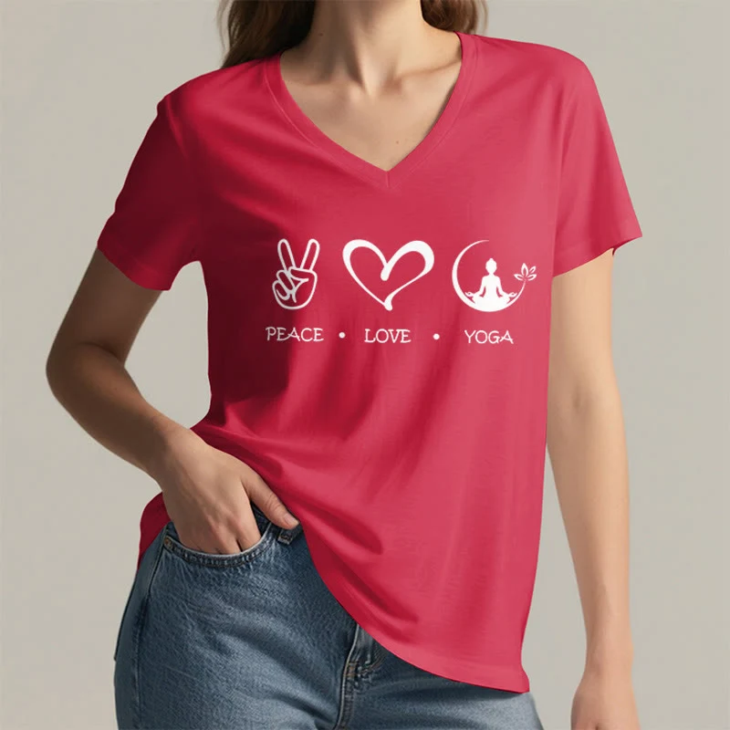 Olivenorma Boho Peace Love Yoga Peace Sign Heart Meditation Graphic Damen V-Ausschnitt T-Shirt