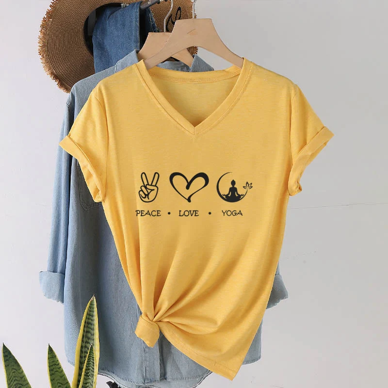 Olivenorma Boho Peace Love Yoga Peace Sign Heart Meditation Graphic Damen V-Ausschnitt T-Shirt