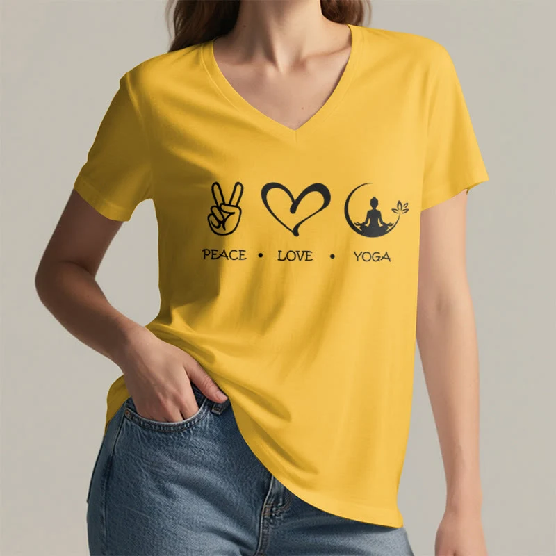 Olivenorma Boho Peace Love Yoga Peace Sign Heart Meditation Graphic Damen V-Ausschnitt T-Shirt