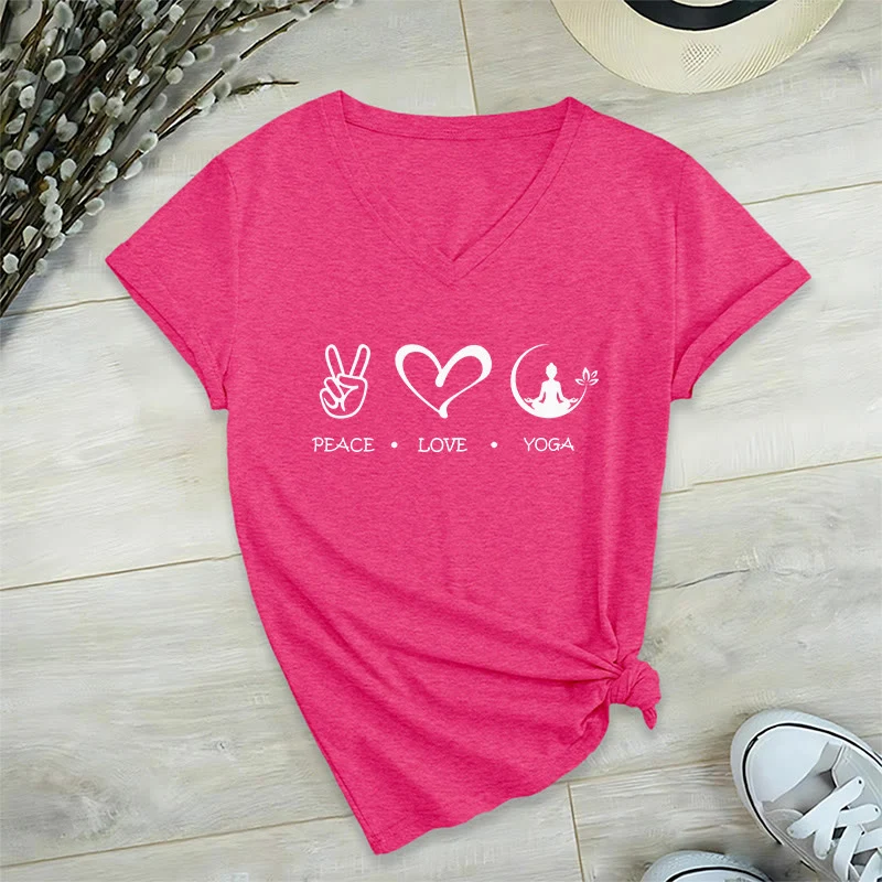 Olivenorma Boho Peace Love Yoga Peace Sign Heart Meditation Graphic Damen V-Ausschnitt T-Shirt