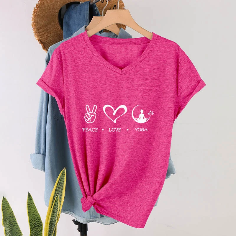 Olivenorma Boho Peace Love Yoga Peace Sign Heart Meditation Graphic Damen V-Ausschnitt T-Shirt