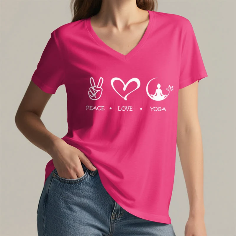 Olivenorma Boho Peace Love Yoga Peace Sign Heart Meditation Graphic Damen V-Ausschnitt T-Shirt
