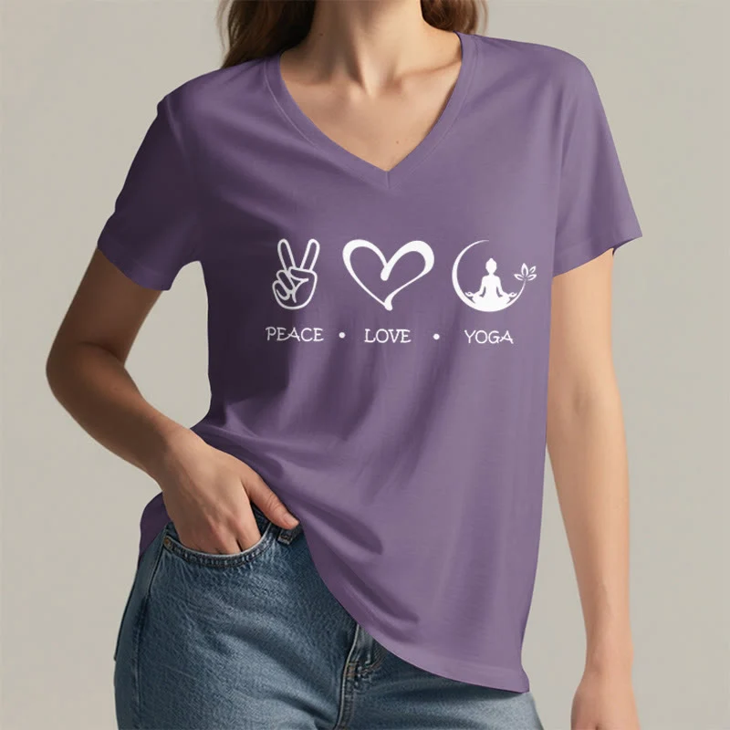 Olivenorma Boho Peace Love Yoga Peace Sign Heart Meditation Graphic Damen V-Ausschnitt T-Shirt