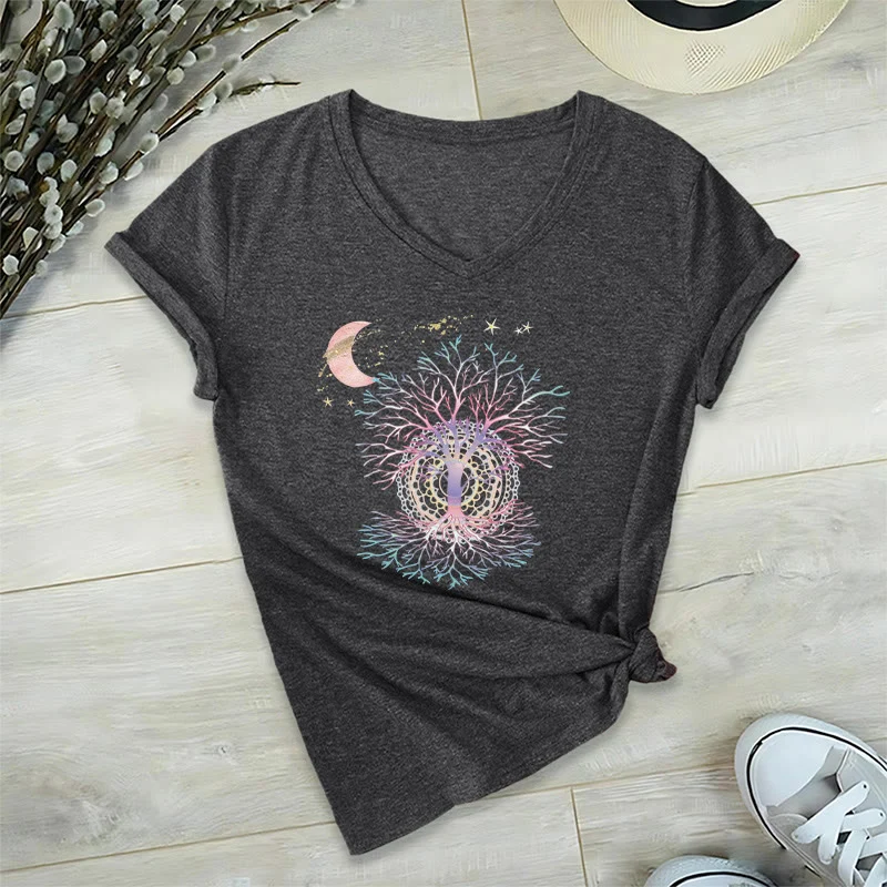 Olivenorma Boho Halbmond Stern Galaxie Baum des Lebens Grafik Damen V-Ausschnitt T-Shirt