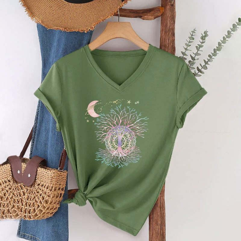 Olivenorma Boho Halbmond Stern Galaxie Baum des Lebens Grafik Damen V-Ausschnitt T-Shirt