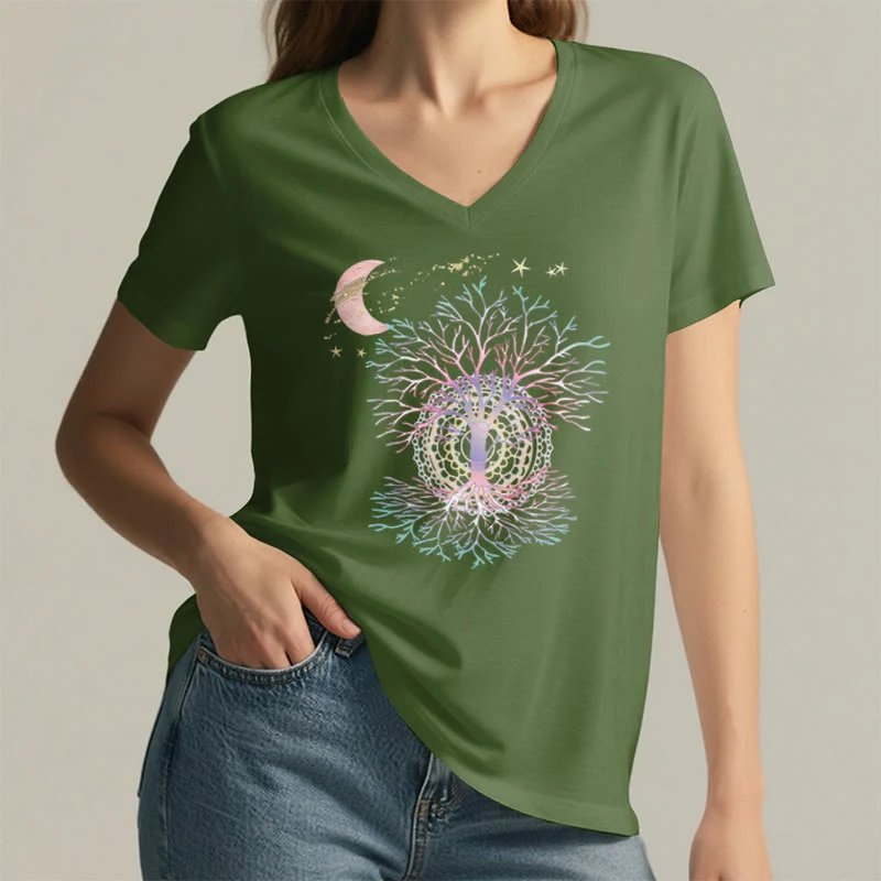 Olivenorma Boho Halbmond Stern Galaxie Baum des Lebens Grafik Damen V-Ausschnitt T-Shirt
