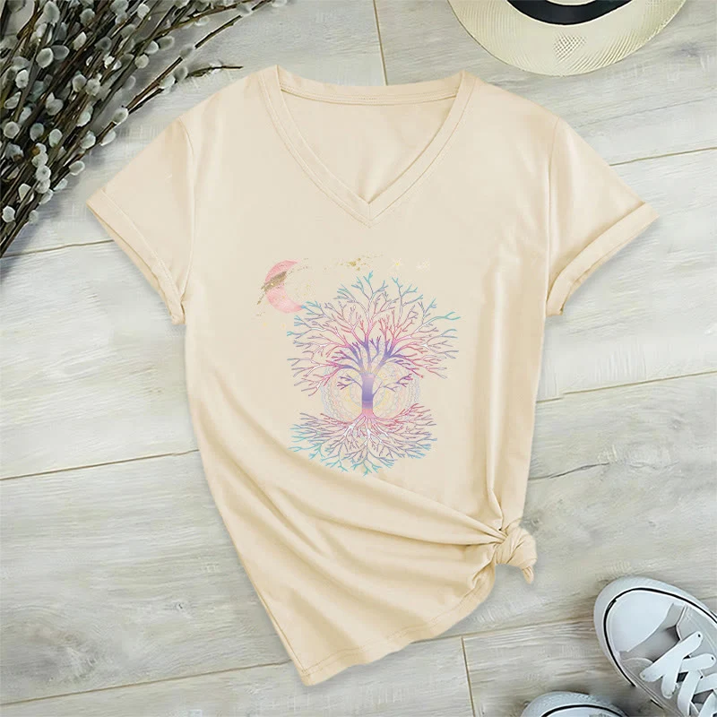 Olivenorma Boho Halbmond Stern Galaxie Baum des Lebens Grafik Damen V-Ausschnitt T-Shirt