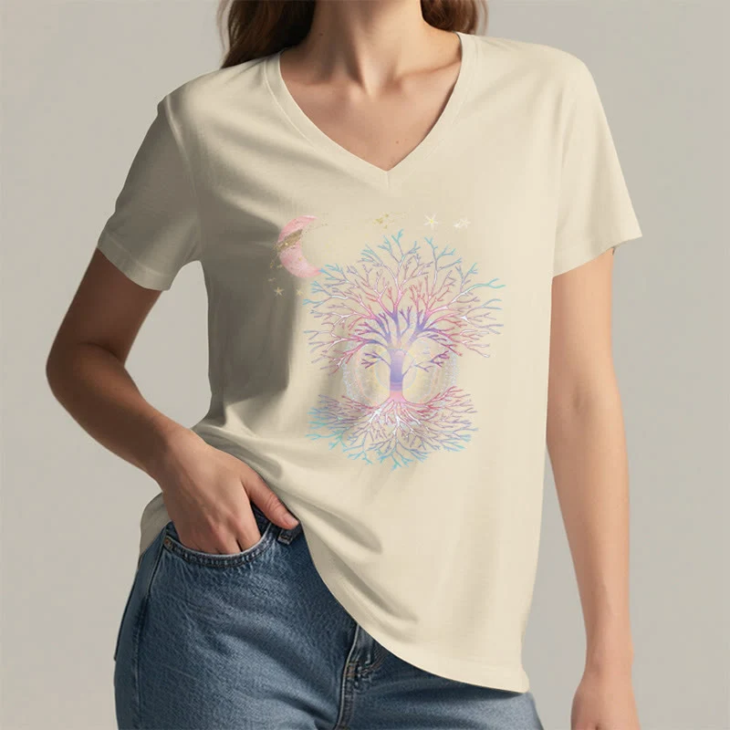 Olivenorma Boho Halbmond Stern Galaxie Baum des Lebens Grafik Damen V-Ausschnitt T-Shirt