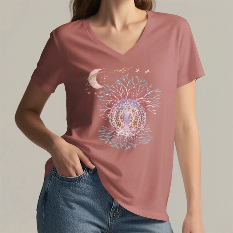 Olivenorma Boho Halbmond Stern Galaxie Baum des Lebens Grafik Damen V-Ausschnitt T-Shirt