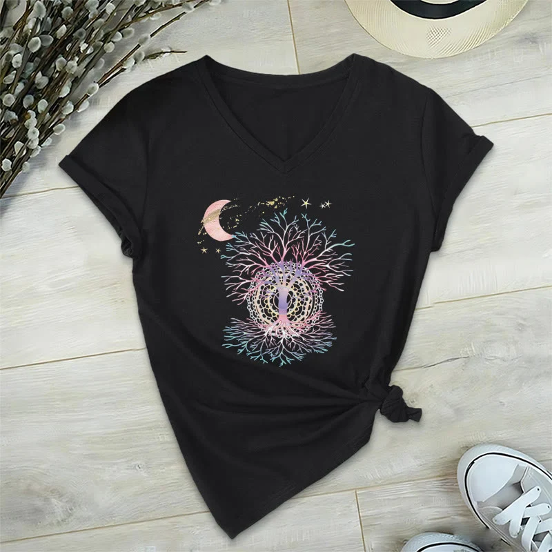 Olivenorma Boho Halbmond Stern Galaxie Baum des Lebens Grafik Damen V-Ausschnitt T-Shirt