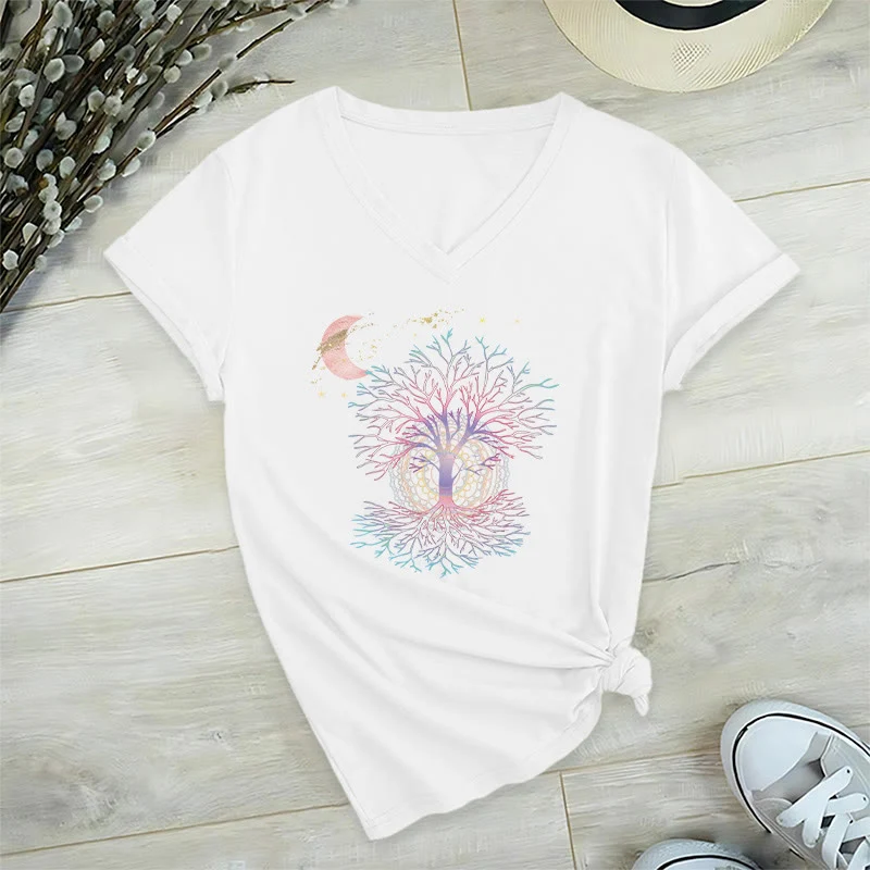 Olivenorma Boho Halbmond Stern Galaxie Baum des Lebens Grafik Damen V-Ausschnitt T-Shirt