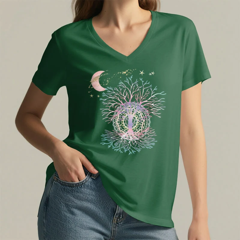 Olivenorma Boho Halbmond Stern Galaxie Baum des Lebens Grafik Damen V-Ausschnitt T-Shirt