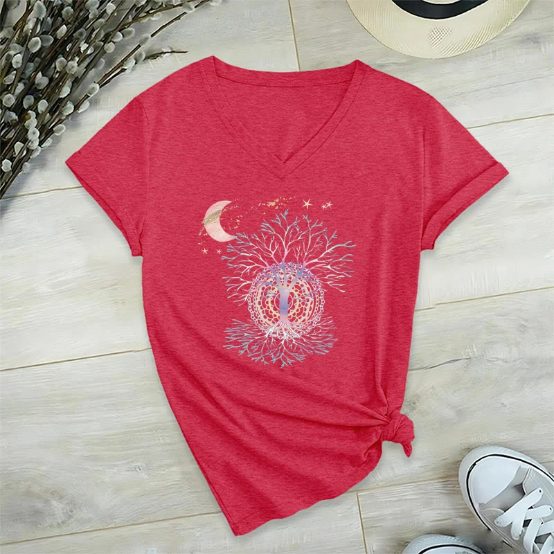 Olivenorma Boho Halbmond Stern Galaxie Baum des Lebens Grafik Damen V-Ausschnitt T-Shirt