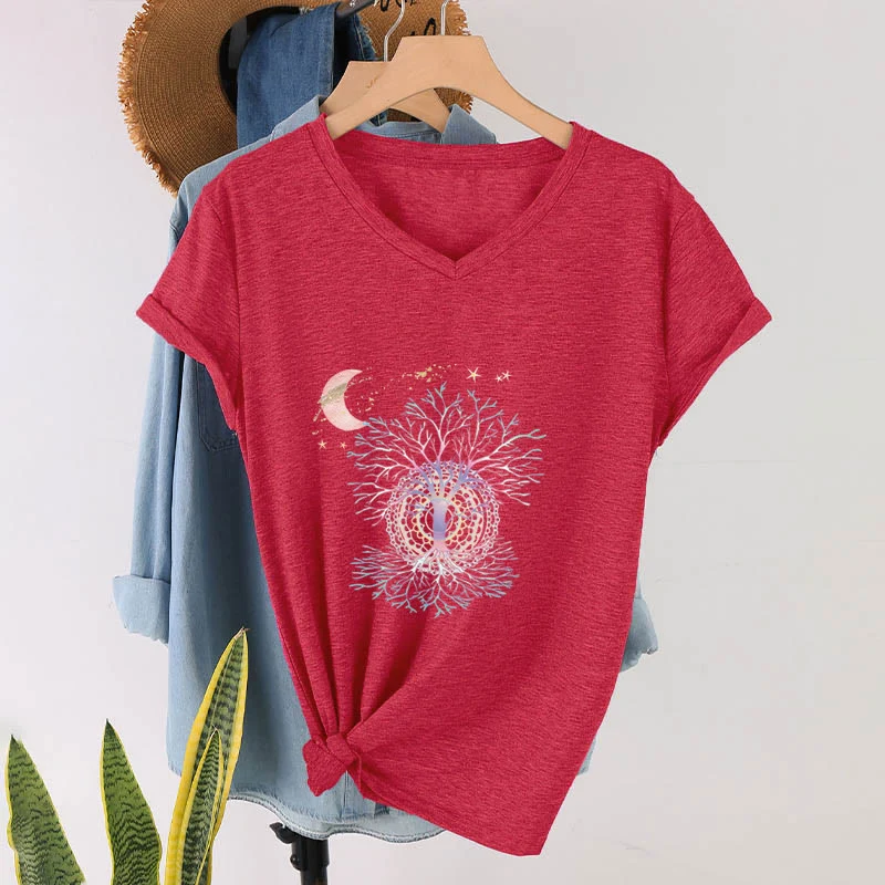 Olivenorma Boho Halbmond Stern Galaxie Baum des Lebens Grafik Damen V-Ausschnitt T-Shirt