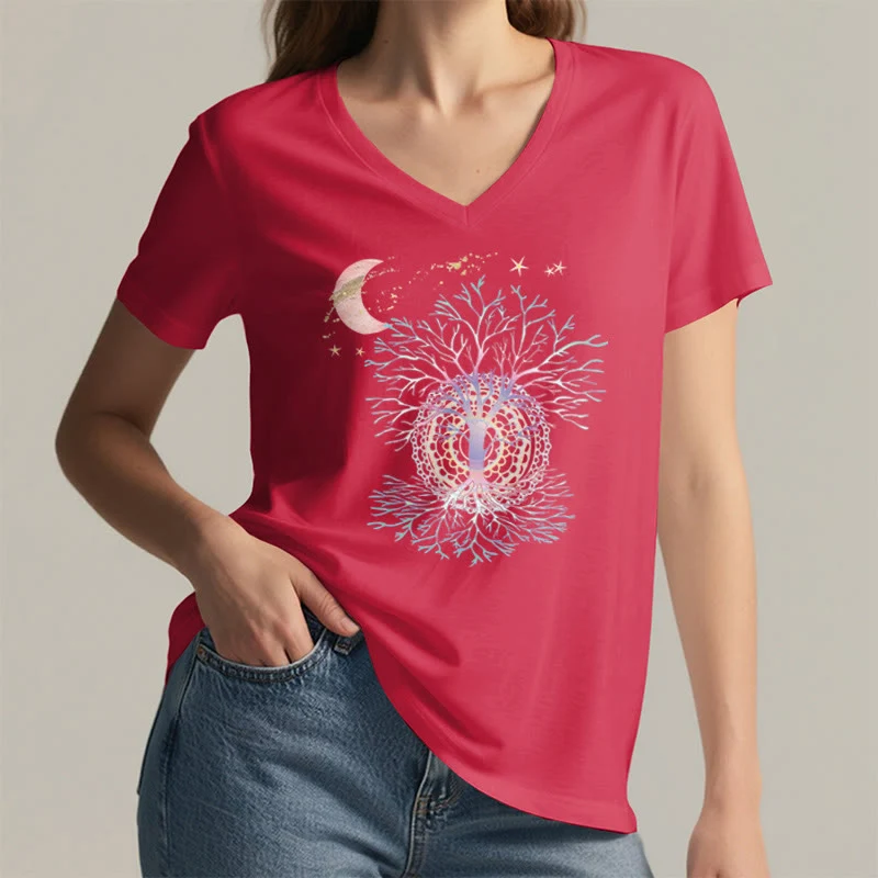 Olivenorma Boho Halbmond Stern Galaxie Baum des Lebens Grafik Damen V-Ausschnitt T-Shirt