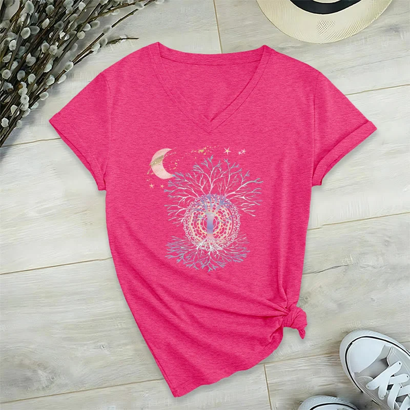 Olivenorma Boho Halbmond Stern Galaxie Baum des Lebens Grafik Damen V-Ausschnitt T-Shirt
