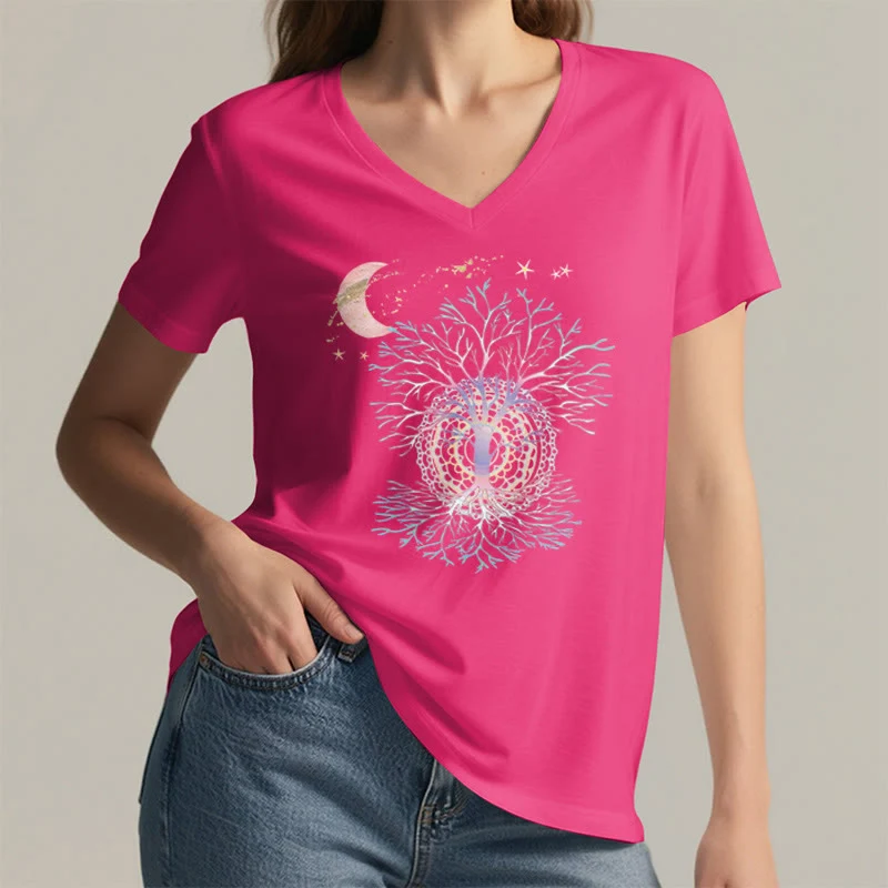 Olivenorma Boho Halbmond Stern Galaxie Baum des Lebens Grafik Damen V-Ausschnitt T-Shirt
