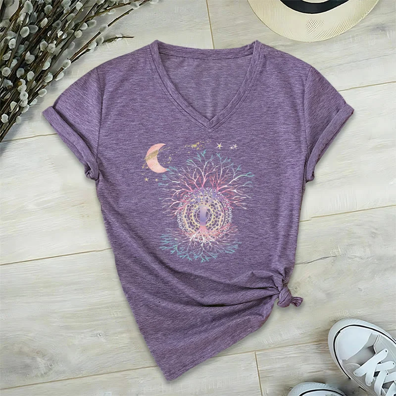 Olivenorma Boho Halbmond Stern Galaxie Baum des Lebens Grafik Damen V-Ausschnitt T-Shirt