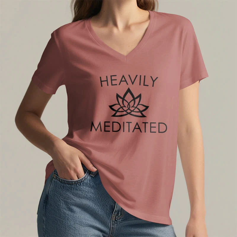 Olivenorma Damen-T-Shirt mit minimalistischem Lotusblumen-Motiv und V-Ausschnitt