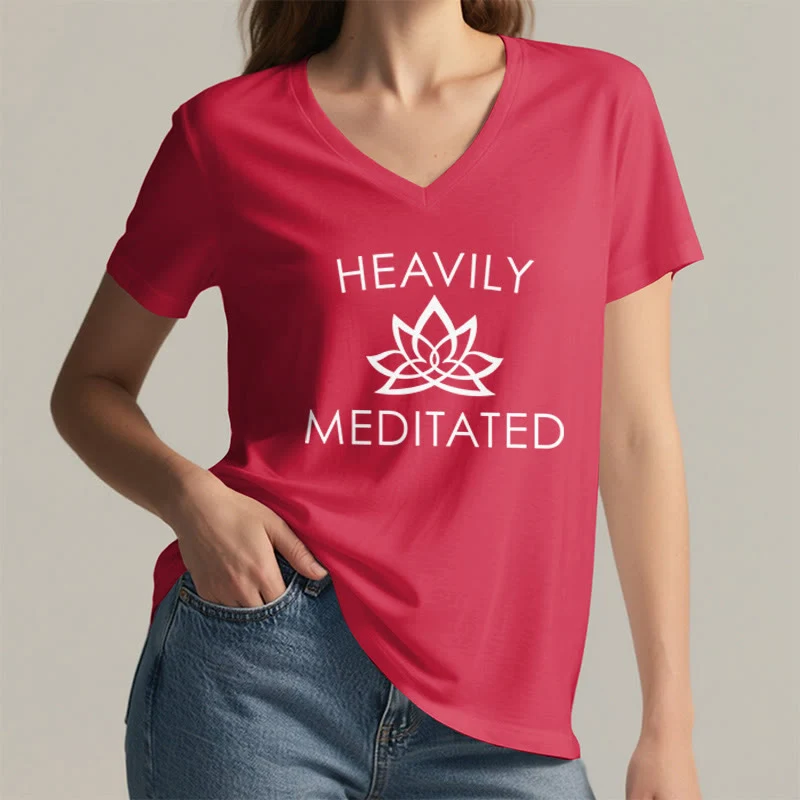 Olivenorma Damen-T-Shirt mit minimalistischem Lotusblumen-Motiv und V-Ausschnitt