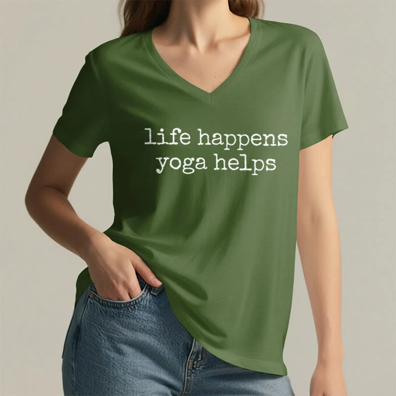 Olivenorma Life Happens Yoga Helps Lustiges Textgrafik-Damen-V-Ausschnitt-T-Shirt