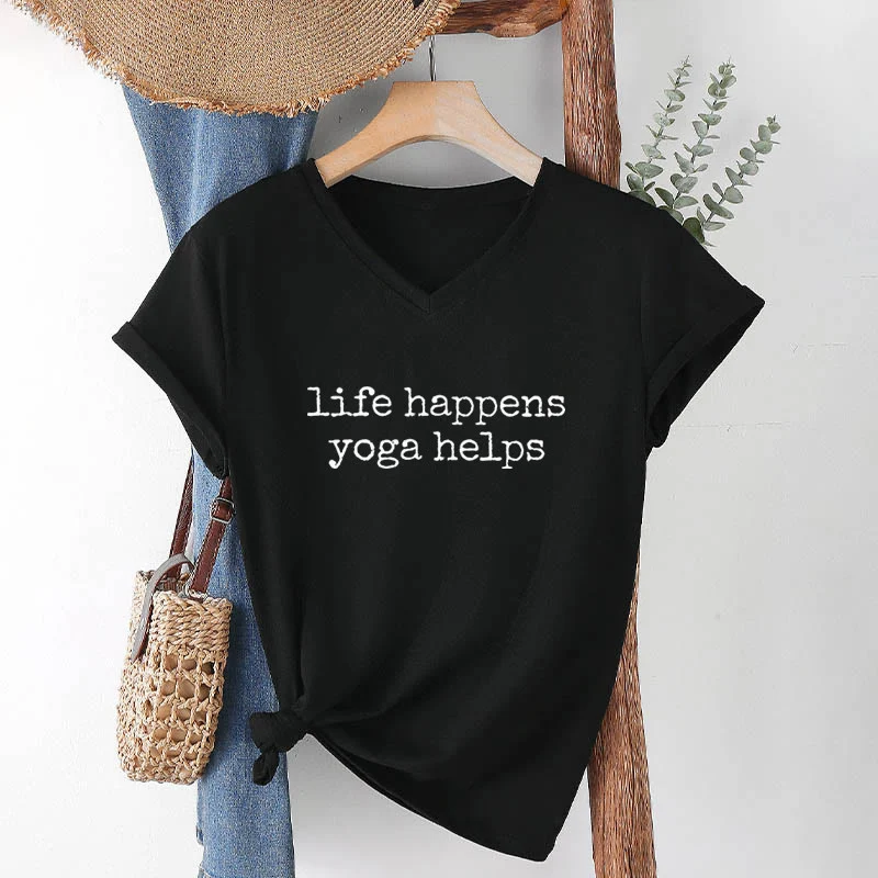 Olivenorma Life Happens Yoga Helps Lustiges Textgrafik-Damen-V-Ausschnitt-T-Shirt