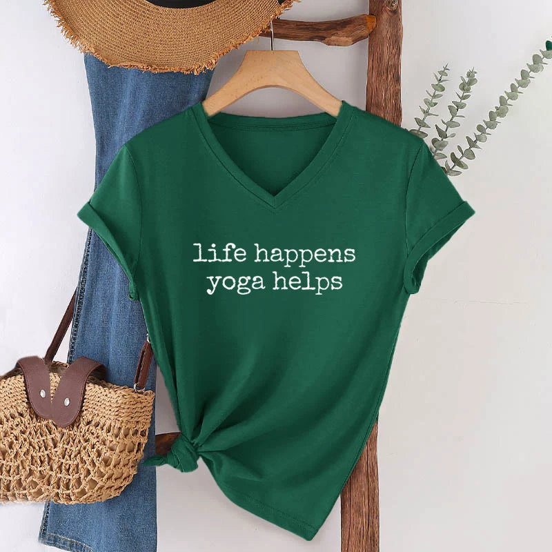 Olivenorma Life Happens Yoga Helps Lustiges Textgrafik-Damen-V-Ausschnitt-T-Shirt