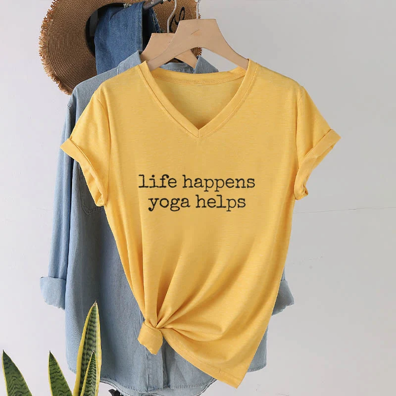 Olivenorma Life Happens Yoga Helps Lustiges Textgrafik-Damen-V-Ausschnitt-T-Shirt