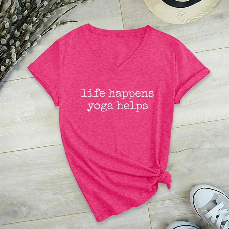 Olivenorma Life Happens Yoga Helps Lustiges Textgrafik-Damen-V-Ausschnitt-T-Shirt
