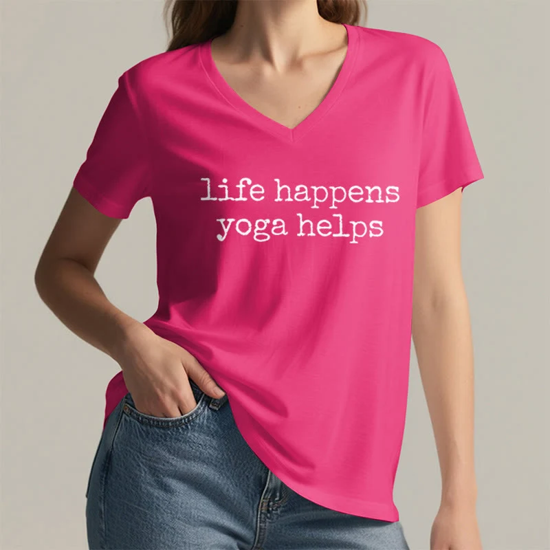 Olivenorma Life Happens Yoga Helps Lustiges Textgrafik-Damen-V-Ausschnitt-T-Shirt