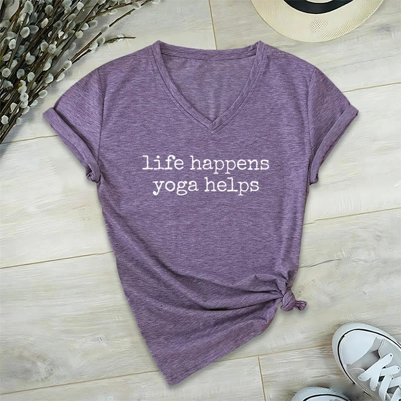 Olivenorma Life Happens Yoga Helps Lustiges Textgrafik-Damen-V-Ausschnitt-T-Shirt