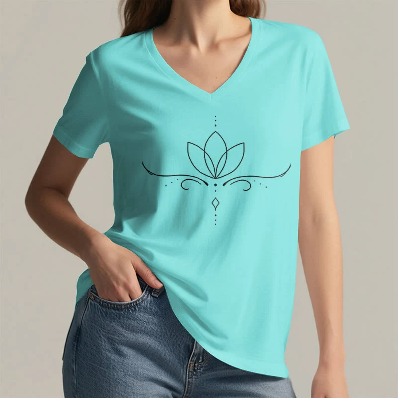 Olivenorma Elegantes Boho-T-Shirt mit Lotus-Punktlinien-Kunstdruck und Yoga-Motiv, V-Ausschnitt, für Damen