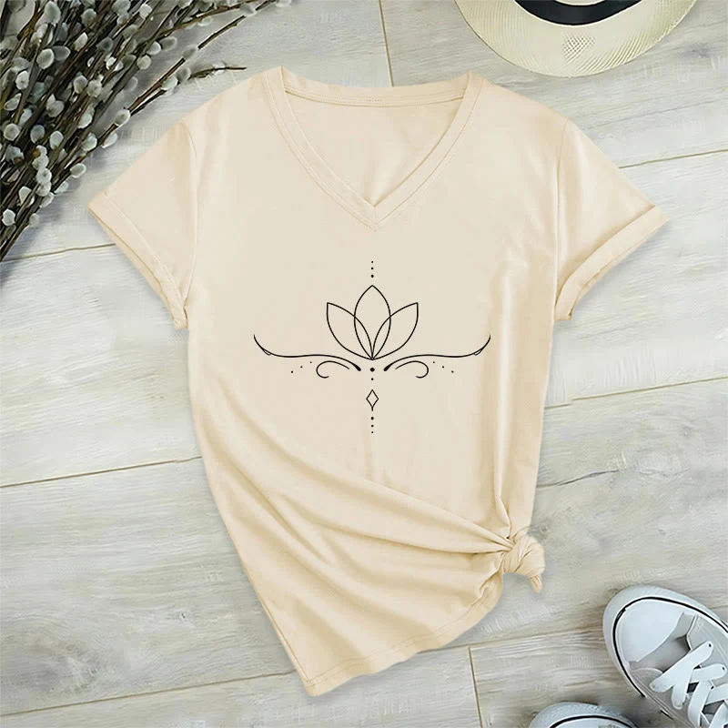 Olivenorma Elegantes Boho-T-Shirt mit Lotus-Punktlinien-Kunstdruck und Yoga-Motiv, V-Ausschnitt, für Damen