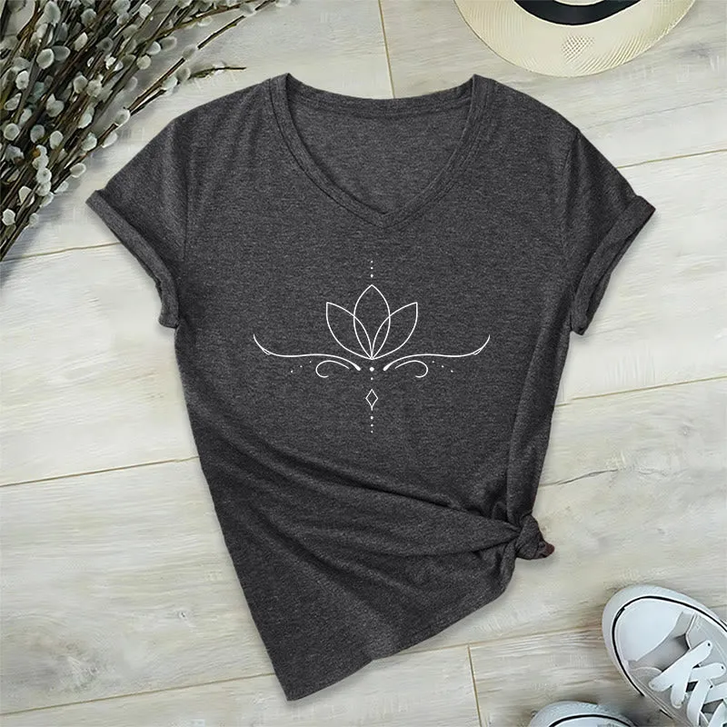 Olivenorma Elegantes Boho-T-Shirt mit Lotus-Punktlinien-Kunstdruck und Yoga-Motiv, V-Ausschnitt, für Damen