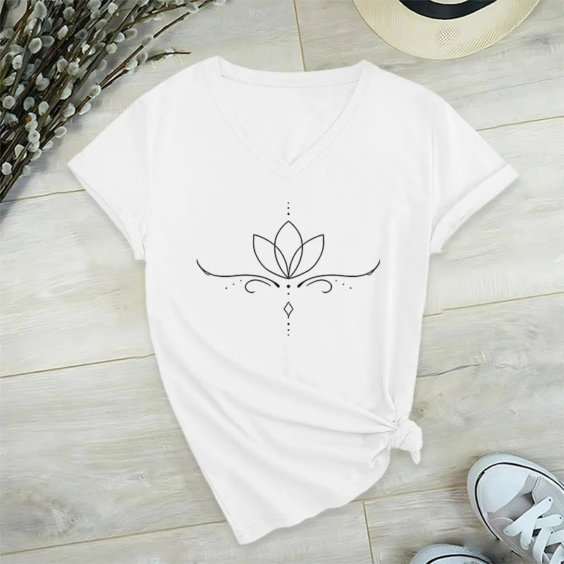 Olivenorma Elegantes Boho-T-Shirt mit Lotus-Punktlinien-Kunstdruck und Yoga-Motiv, V-Ausschnitt, für Damen