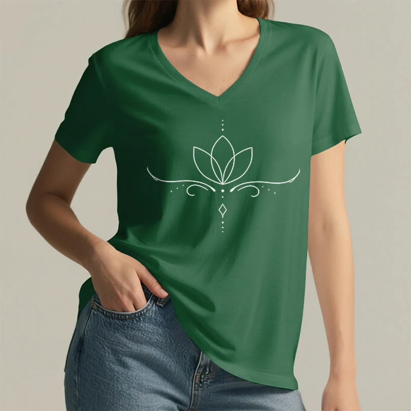 Olivenorma Elegantes Boho-T-Shirt mit Lotus-Punktlinien-Kunstdruck und Yoga-Motiv, V-Ausschnitt, für Damen